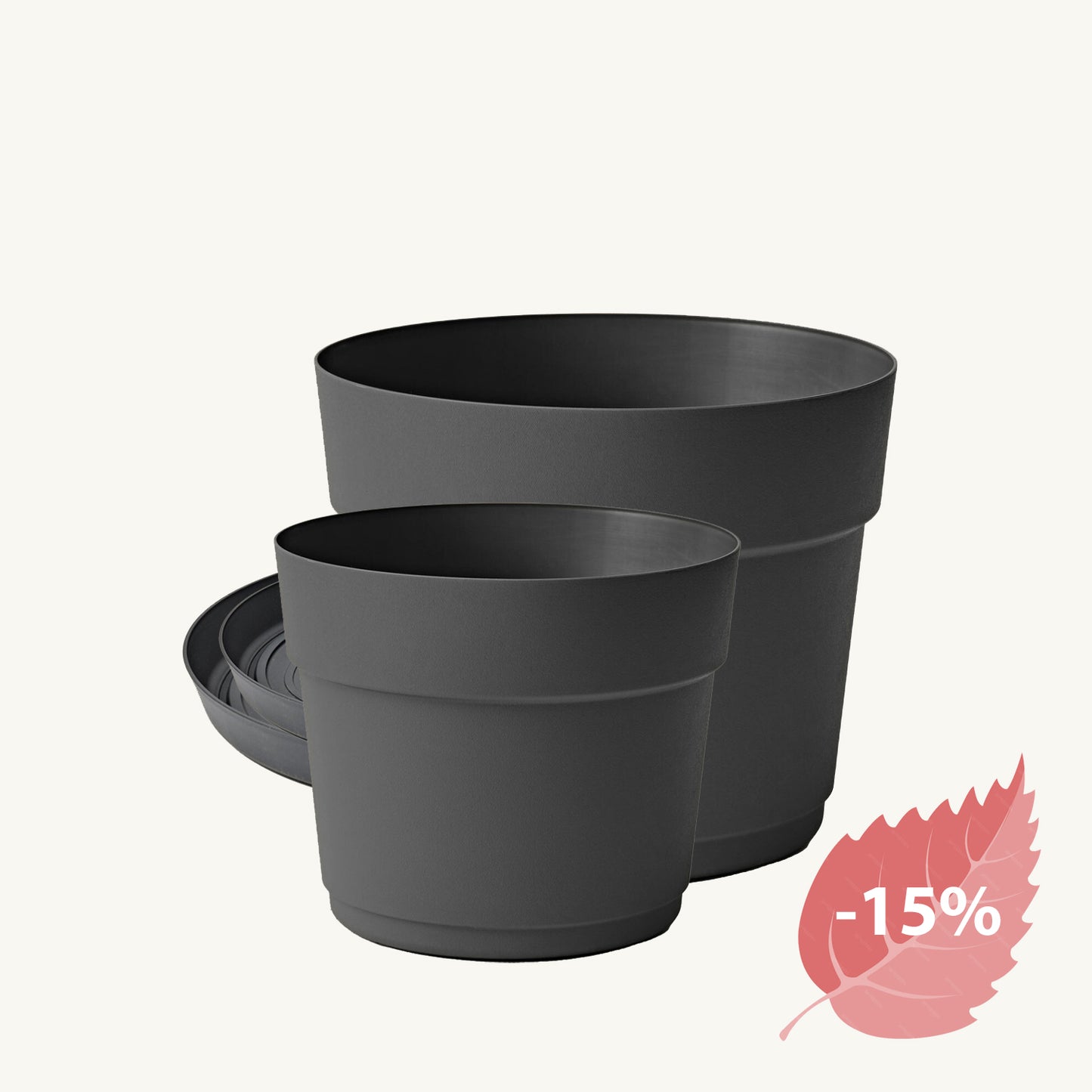 ქოთნების ნაკრები „ბლუმი D2" : ორი სხვადასხვა ზომის - ⌀19 და ⌀24 სმ ქოთანი შესაბამისი თეფშებით, მუქი ნაცრისფერი