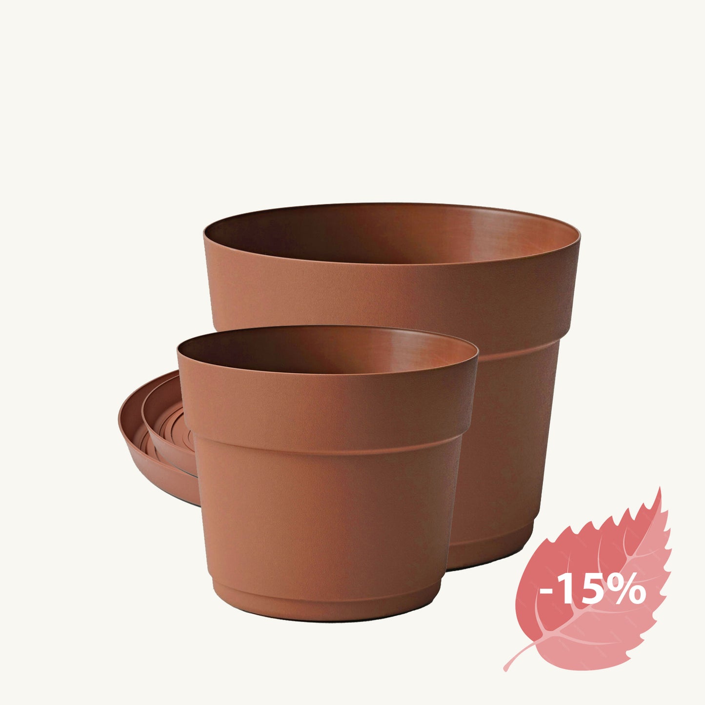 ქოთნების ნაკრები „ბლუმი D2" : ორი სხვადასხვა ზომის - ⌀19 და ⌀24 სმ ქოთანი შესაბამისი თეფშებით, თიხისფერი