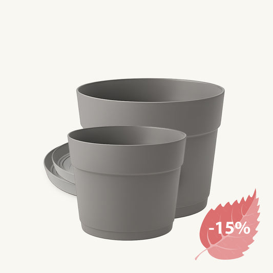 ქოთნების ნაკრები „ბლუმი D2" : ორი სხვადასხვა ზომის - ⌀19 და ⌀24 სმ ქოთანი შესაბამისი თეფშებით, ღია ნაცრისფერი